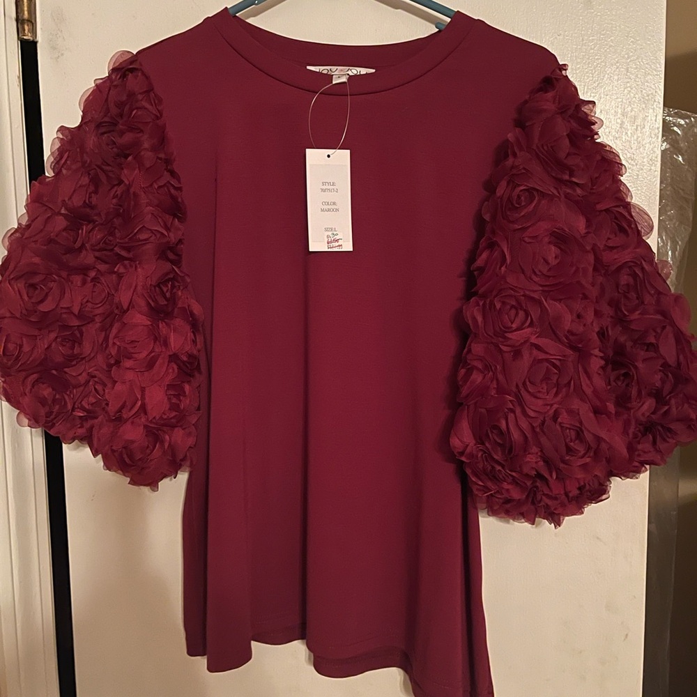 Joy Joy Burgundy Blouse with Textured Sleeves